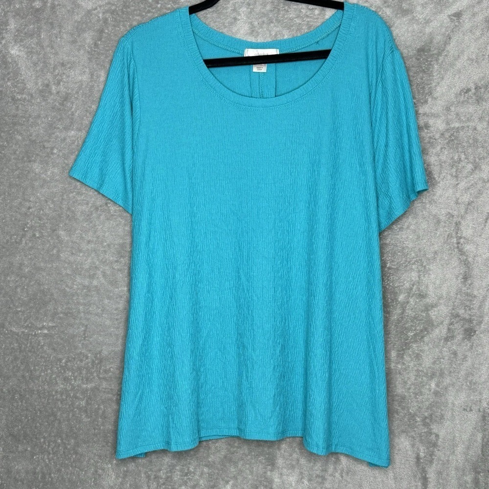 CJ Banks 2X Shirt Top Blue Solid Short Sleeve Scoop Neck Stretch Knit‎ Womens